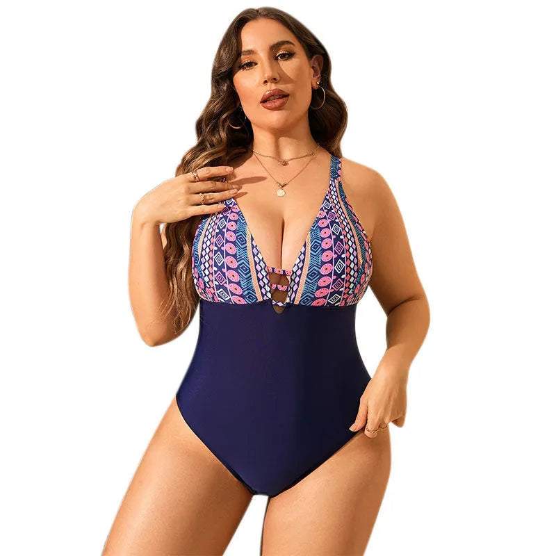 Plus size women's leopard print one-piece swimsuit with V-neck and belly coverage