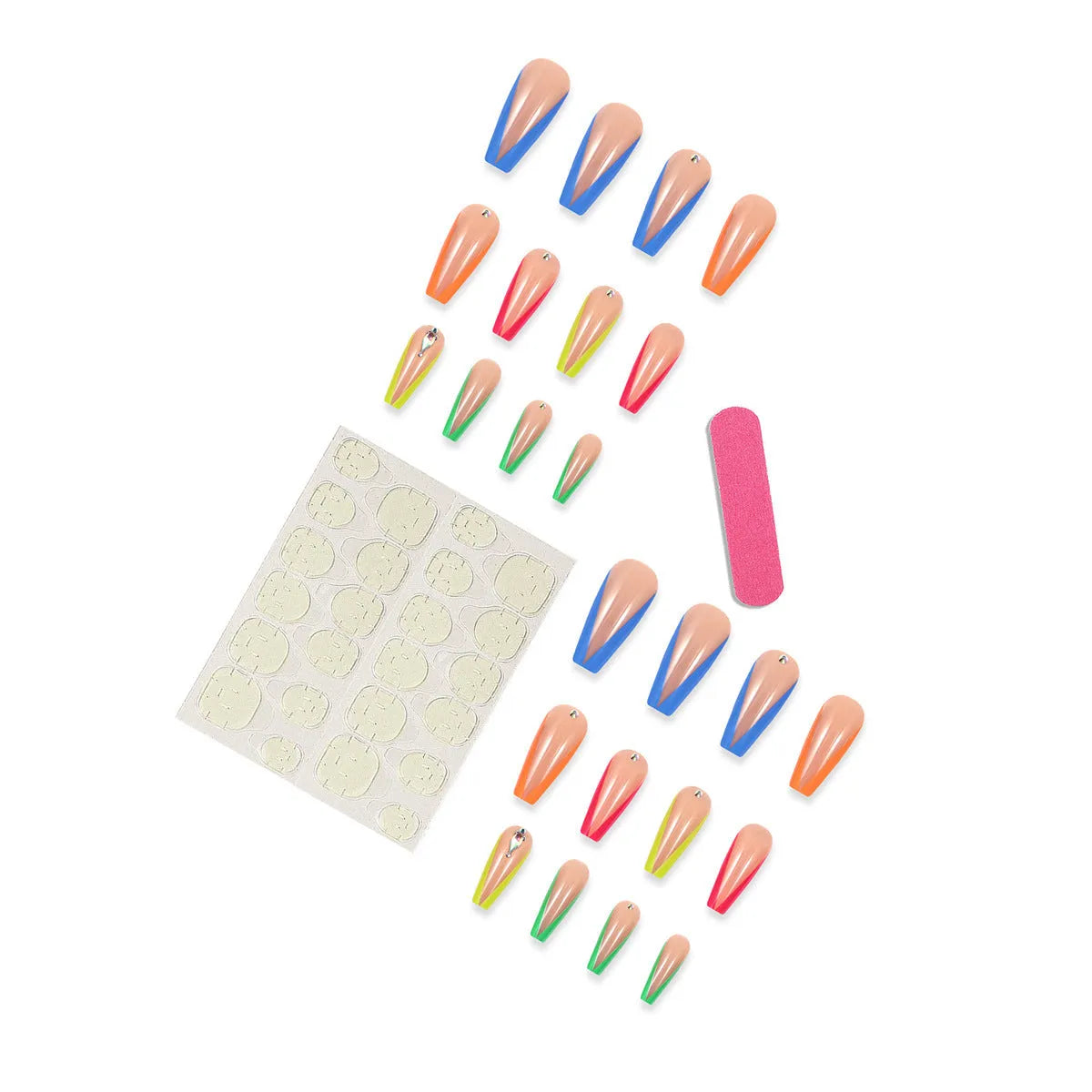 Diamond colour press-on nail tips with cartoon, love, and cross heart designs for a French manicure look.