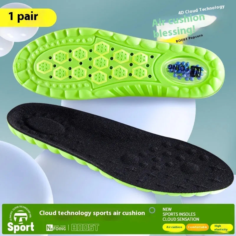 Green PU air cushion sports insoles with argy wormwood, shown with size markers.
