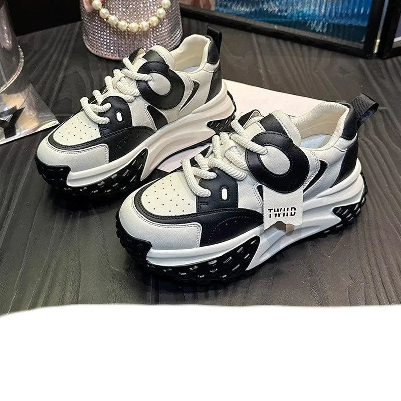Women's thick-soled leather sports casual shoes in silver colour with round toe and lace-up front.