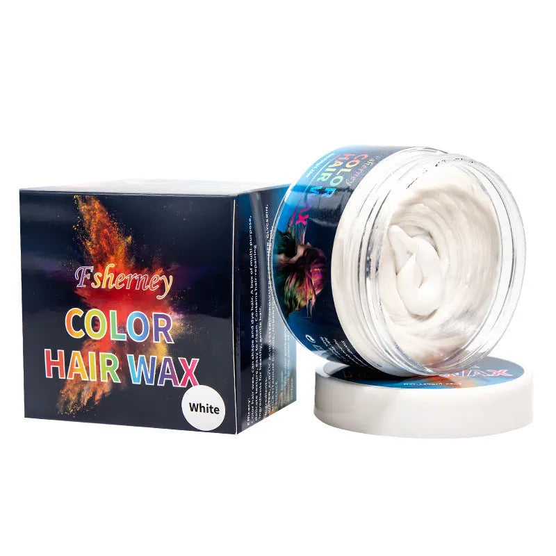 120g container of hair styling clay shown in one of nine colour options: blue, green, purple, red, orange, yellow, white, rose red, or granny grey.