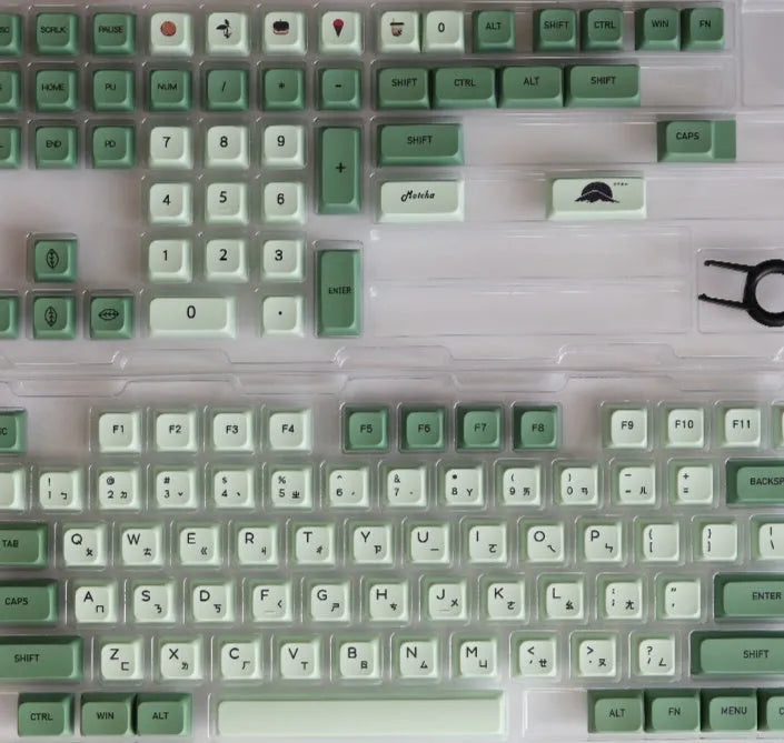 124 Key Matcha green and beige PBT keycap set for mechanical keyboards, showing multiple language layout options.