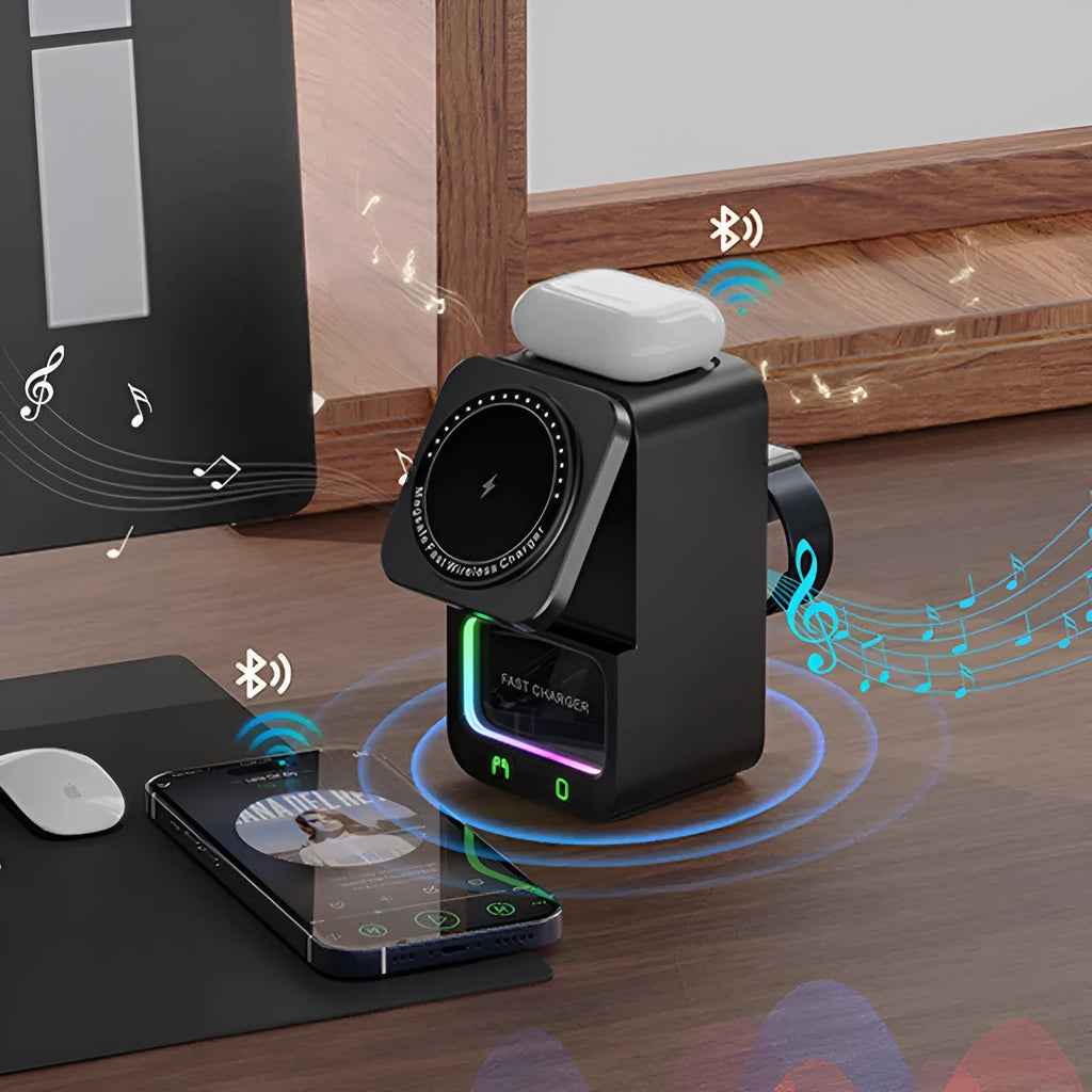 White and black Bluetooth speaker wireless charger with magnetic charging and QC3.0 fast charging
