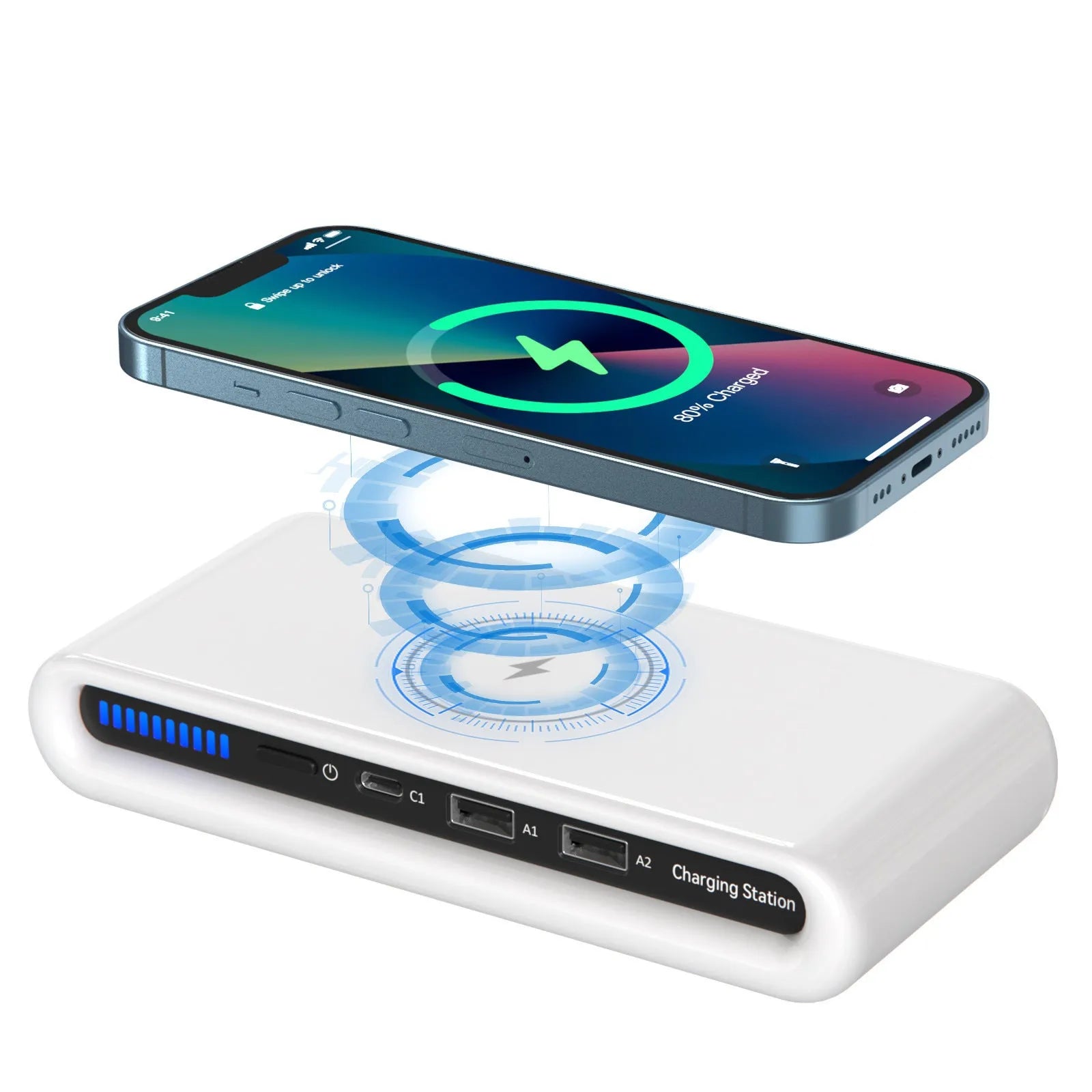 White desktop wireless charger with 15W fast charging and built-in 8-colour atmosphere lamp.