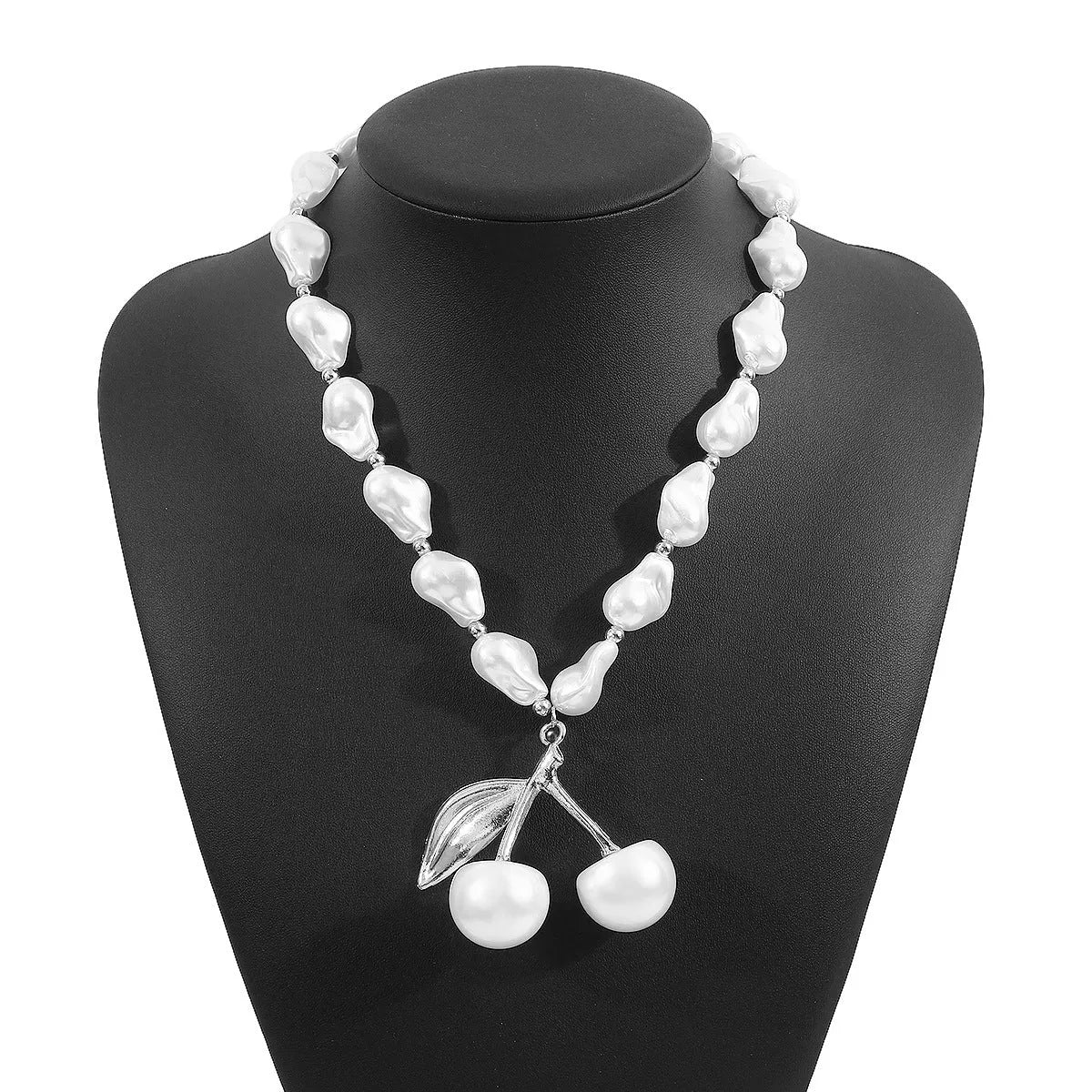 Alloy imitation pearl cherry fruit necklace for women with adjustable 51-60cm length and pearl chain