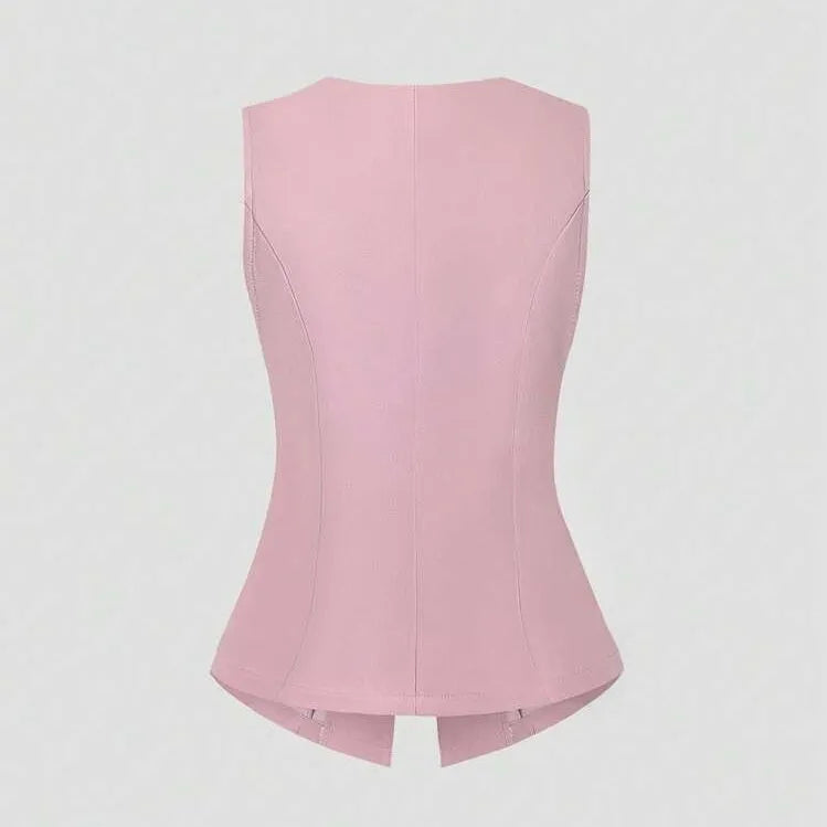 Women's cotton sleeveless vest round neck waist-tight fit solid colour black front view