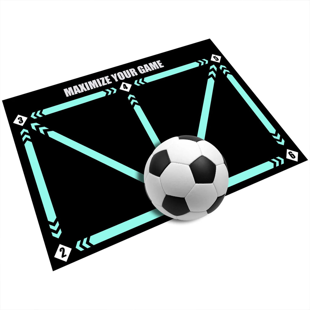 Black rectangular 60x90cm football training mat with a non-slip rubber base.