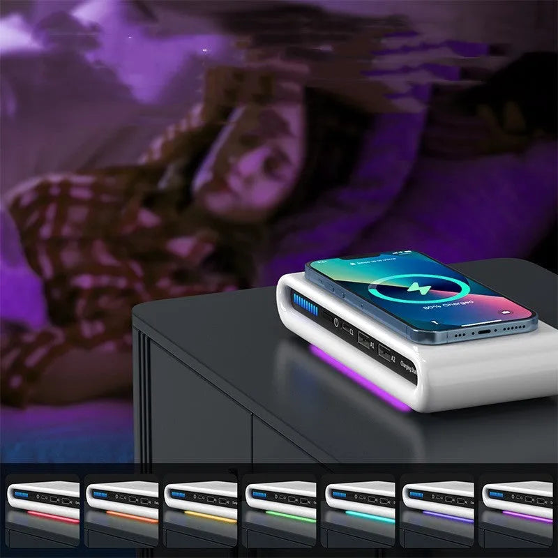 White desktop wireless charger with 15W fast charging and built-in 8-colour atmosphere lamp.