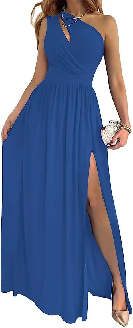 Women's apricot one shoulder sleeveless maxi dress with cutout detail and high split.