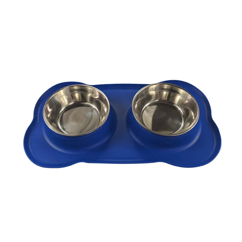 Large double dog bowl with stainless steel inserts in a grey silicone tray for two dogs.