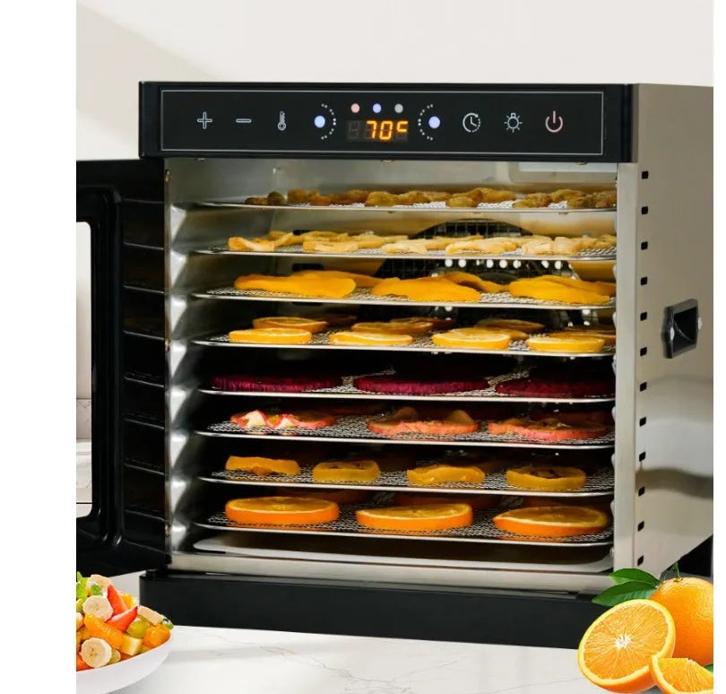 Stainless steel fruit dehydrator with clear viewing skylight and LED control panel