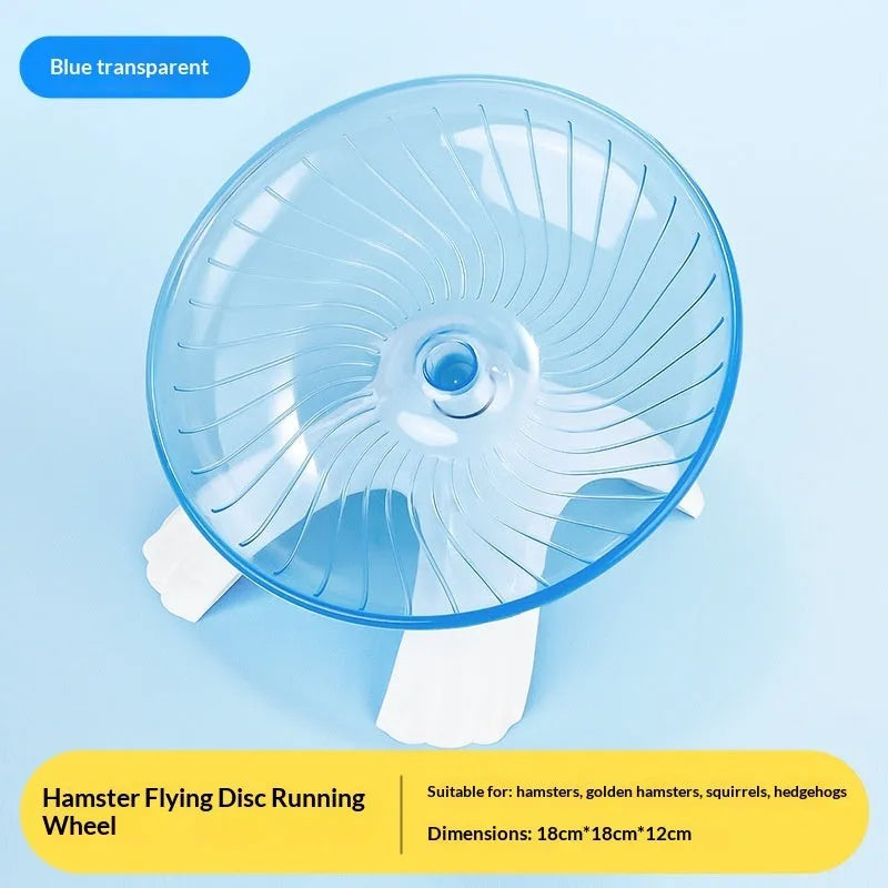 Plastic hamster running wheel in white with frisbee shape and no-stick foot surface for exercise