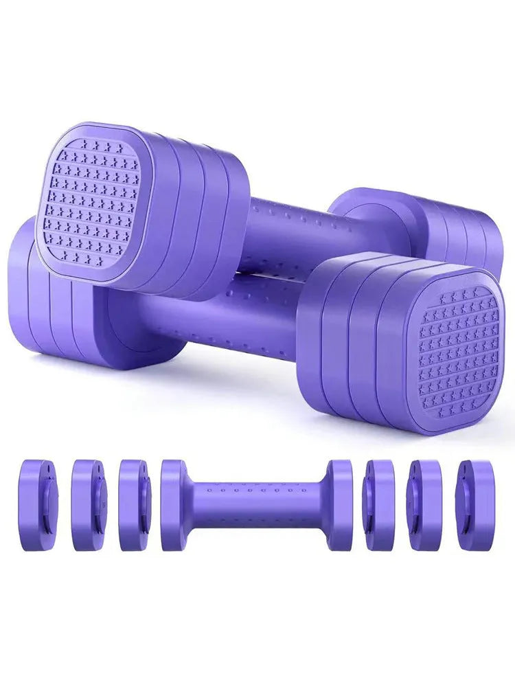 Detachable adjustable weight dumbbell set in pink, blue, black and purple colours for women's home fitness