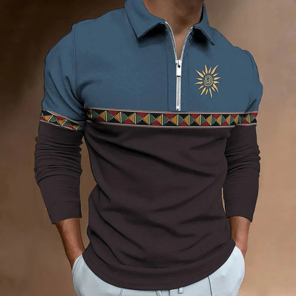 Men's loose fit long sleeve t-shirt with retro colour printing and stripe pattern, showing zip detail on sleeve.