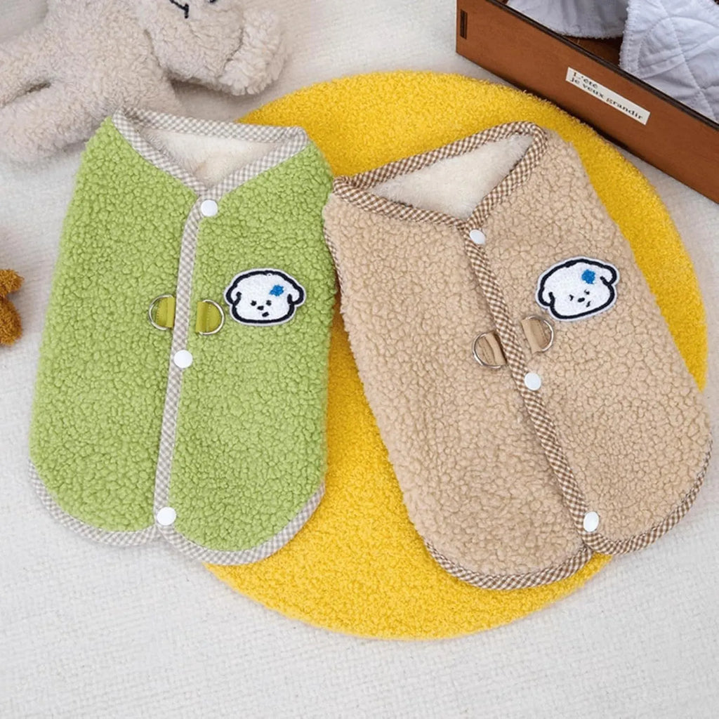 Green thickened coral fleece dog vest with a metal leash ring on the back, sized for a small dog.