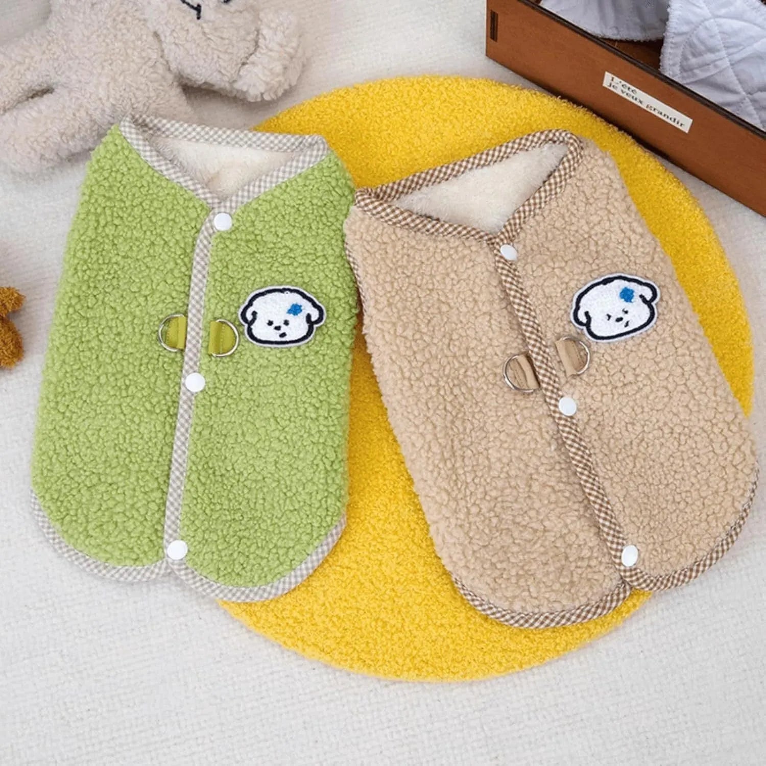 Green thickened coral fleece dog vest with a metal leash ring on the back, sized for a small dog.