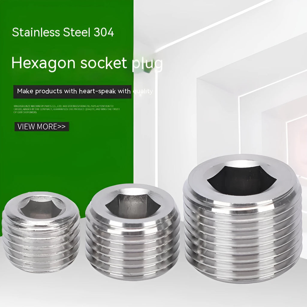 Stainless steel 304 hexagon plug pipe fitting for 3/8 inch bulkhead connections.