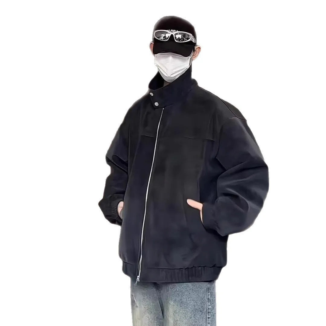 Hong Kong style tie-dyed PU leather jacket with stand collar and side pockets