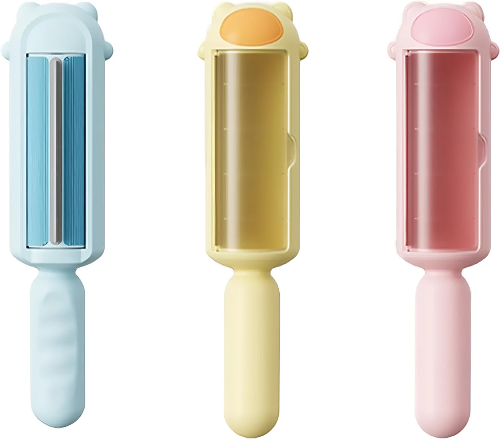 Blue reusable pet hair remover tool with self-cleaning base for furniture and car interiors