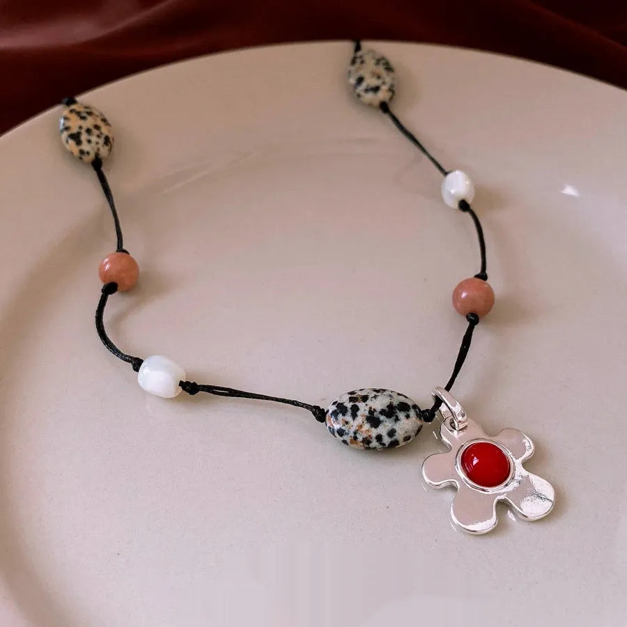 Stone shell beaded flower pendant necklace on adjustable alloy chain in ethnic style