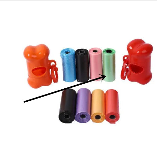 Roll of handled dog poop bags in assorted colours showing dimensions of 22.5 by 30 centimetres