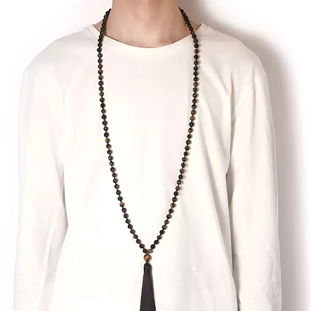 Long geometric agate necklace with tassel pendant in natural stone colours on a 95-100cm chain.