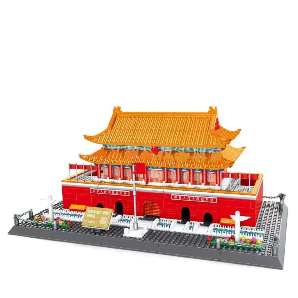 Wange building block set showing over 800 small ABS plastic pieces for constructing global landmark models.