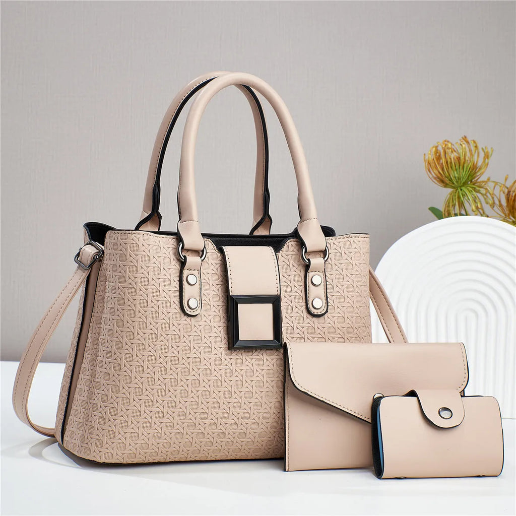 Textured weave design women's crossbody bag in apricot colour, showing internal organiser compartments.