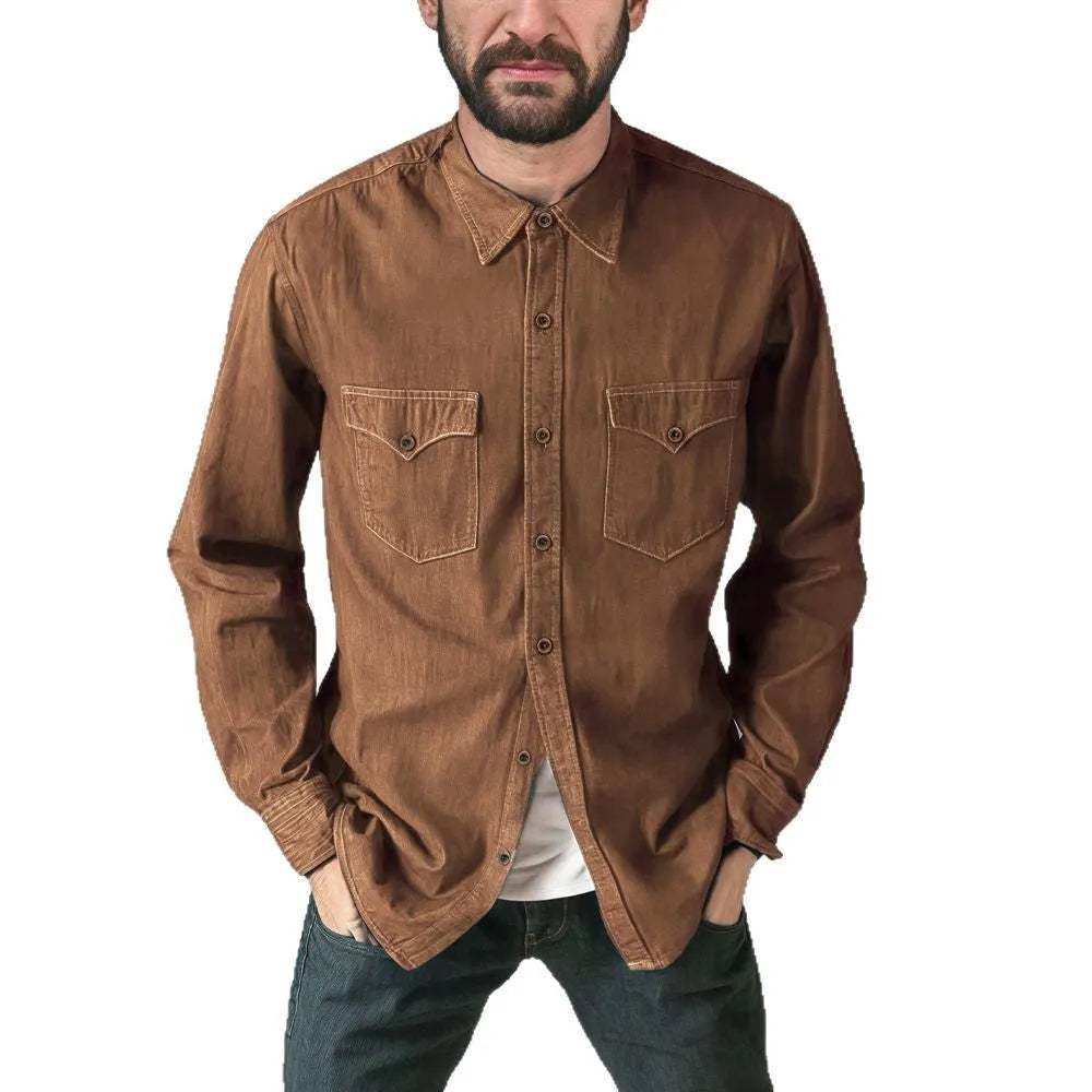 A cotton denim cardigan coat in a regular fit, shown on a hanger.