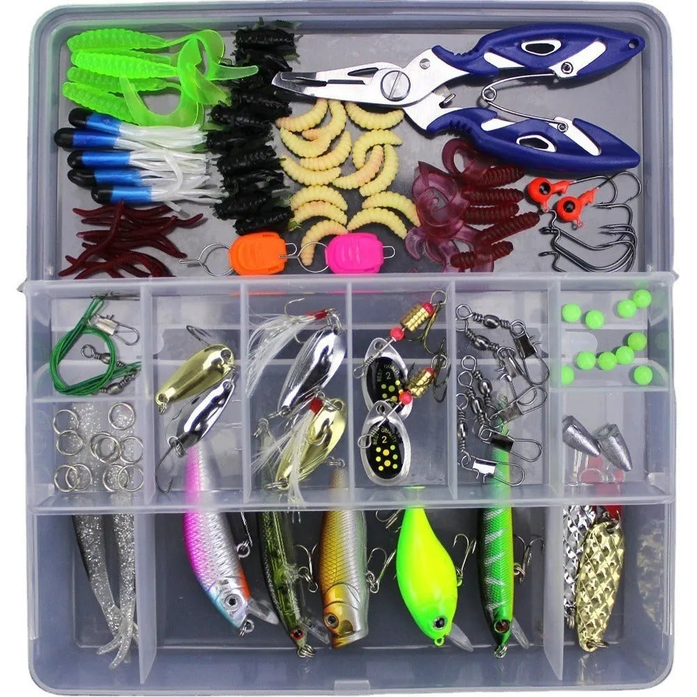 Junior entry-level fishing lure suit set in a hard black PP plastic storage box with multiple lures visible.
