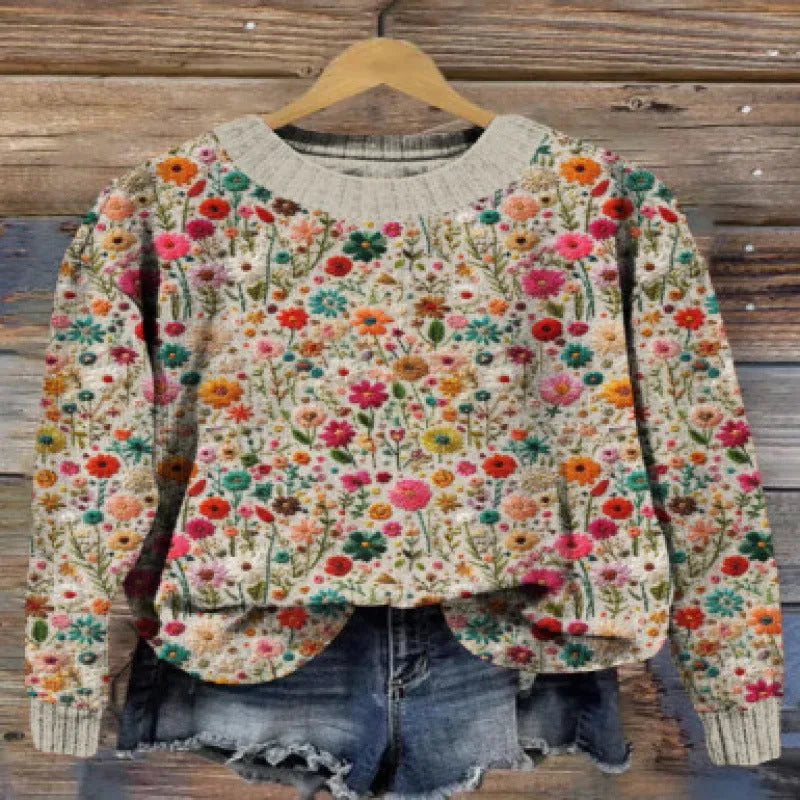 Little flower digital printed round neck sweater showing floral pattern on polyester fabric.