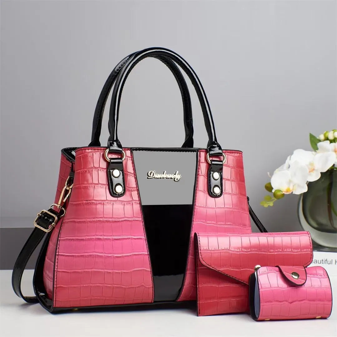 Women's crocodile-stitch three-piece shoulder bag set showing main bag, small bag, and card pouch in PU leather