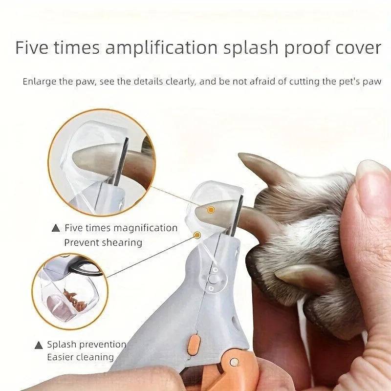 Yellow LED pet nail trimmer with magnifying glass for cats and dogs on a white background.