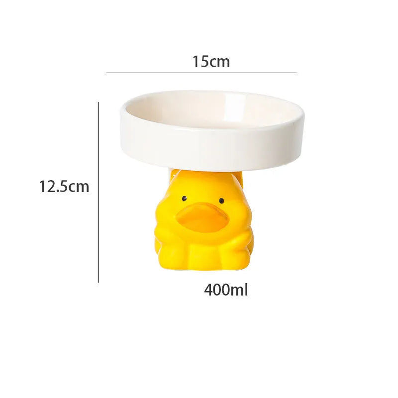 Raised ceramic cat food bowl in animal theme design, showing elevated height and wide bowl.