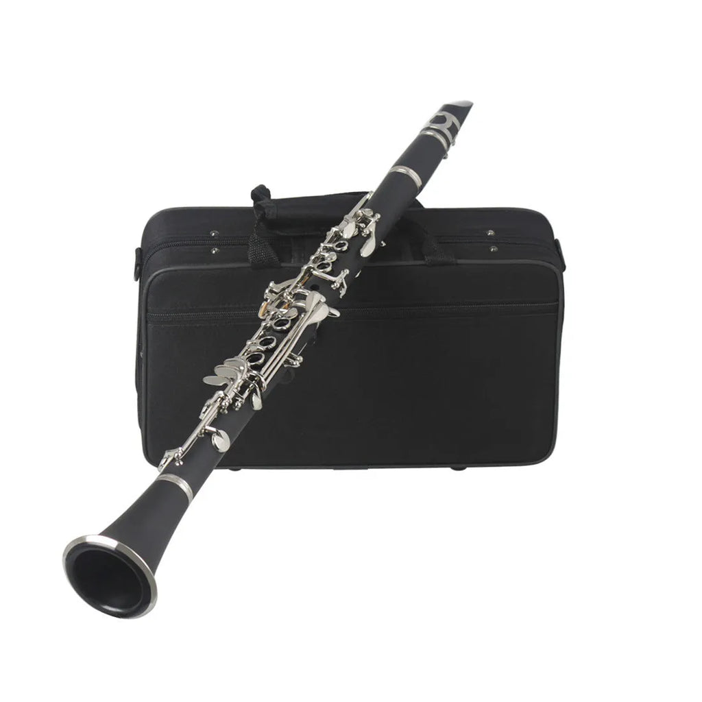 Black beginner clarinet with 17 nickel-plated keys and carrying bag