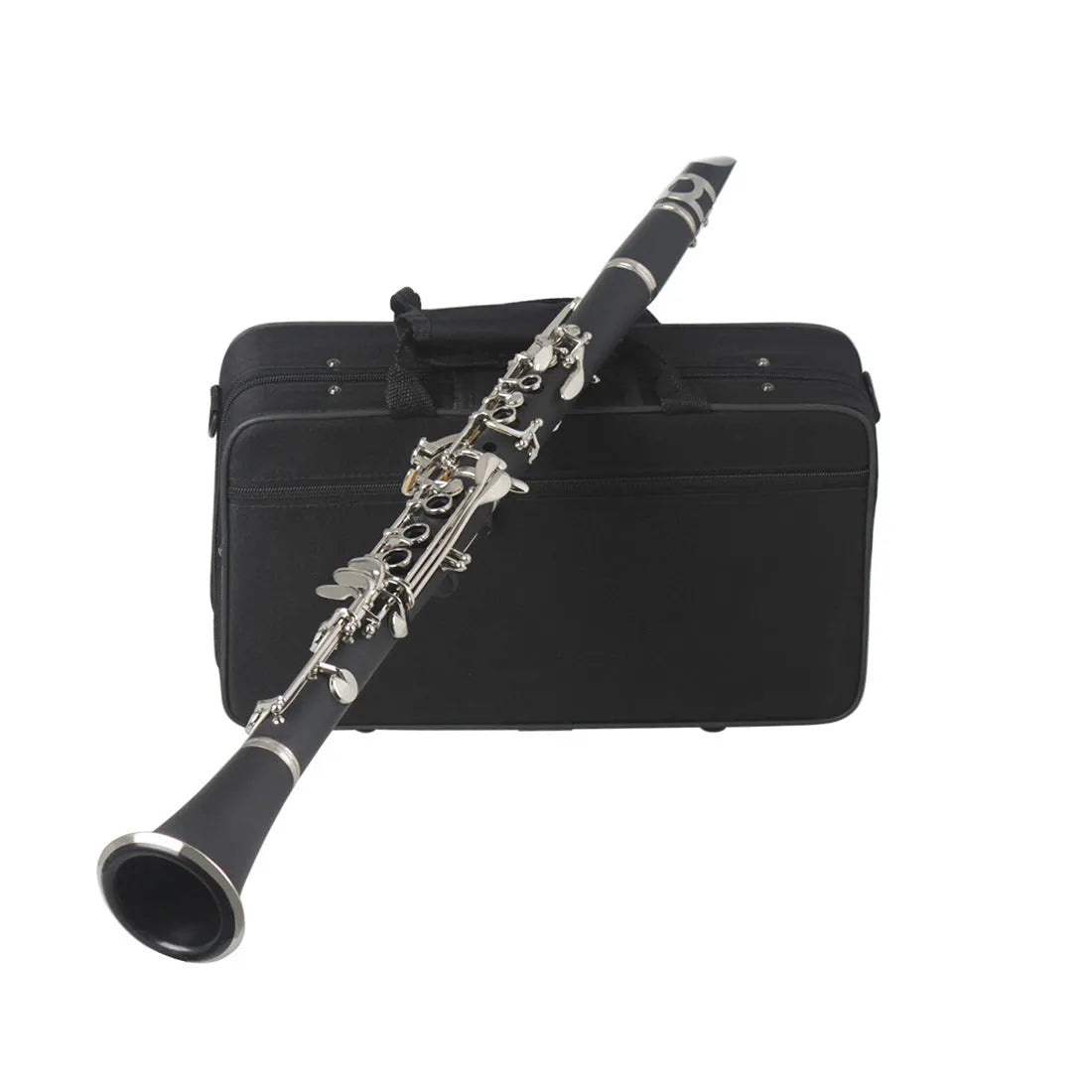 Black beginner clarinet with 17 nickel-plated keys and carrying bag