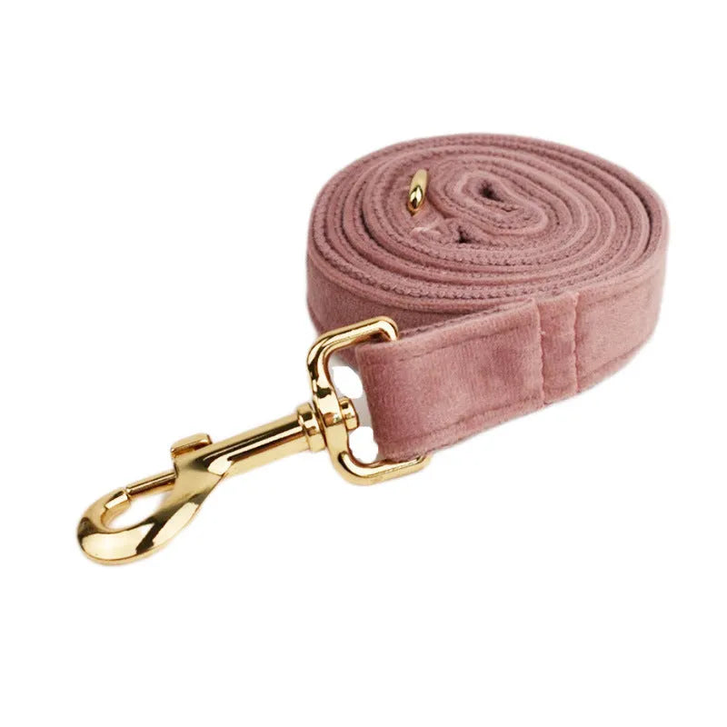 Light purple pink velvet dog collar and leash set with matching accessories for small to medium dogs