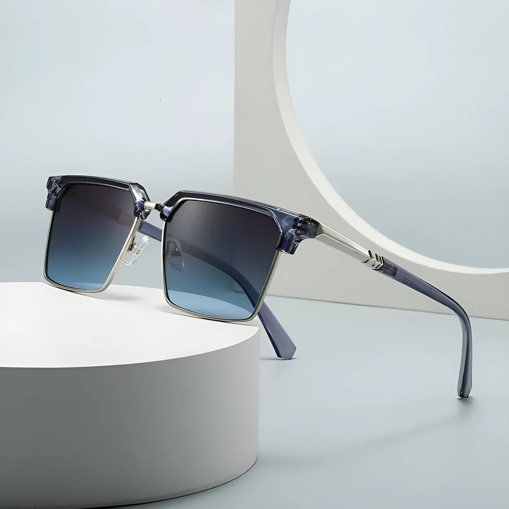Men's square plastic sunglasses in box style, shown in one of six colour options.