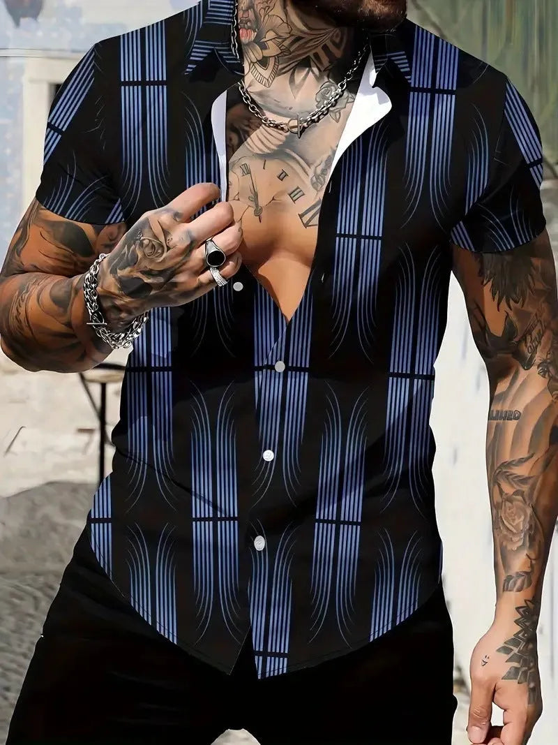 Men's slim fit short sleeve shirt with geometric line printing on lapel in polyester fabric