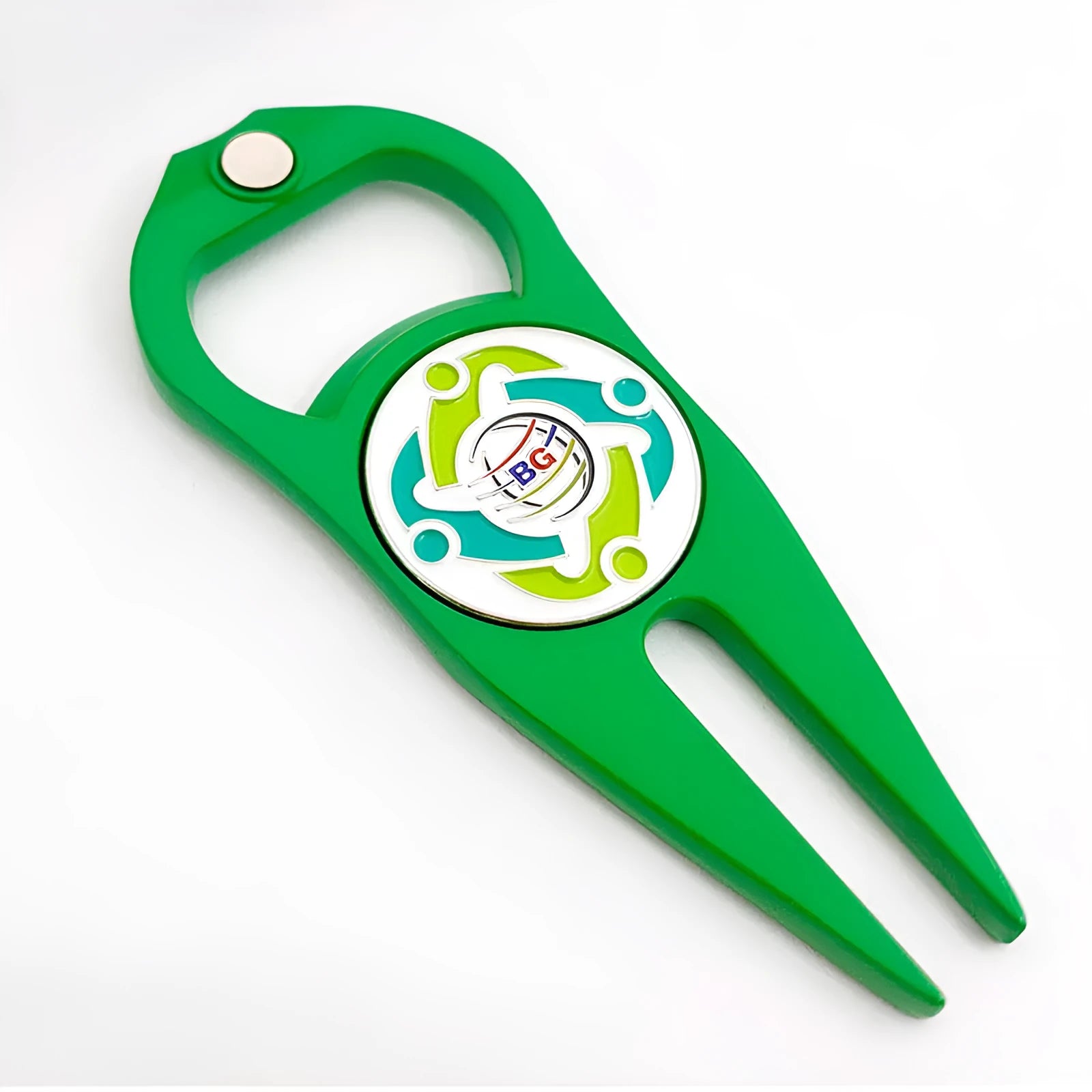 Zinc alloy golf ball yoke bottle opener tool showing black, green and silver colour options with coin