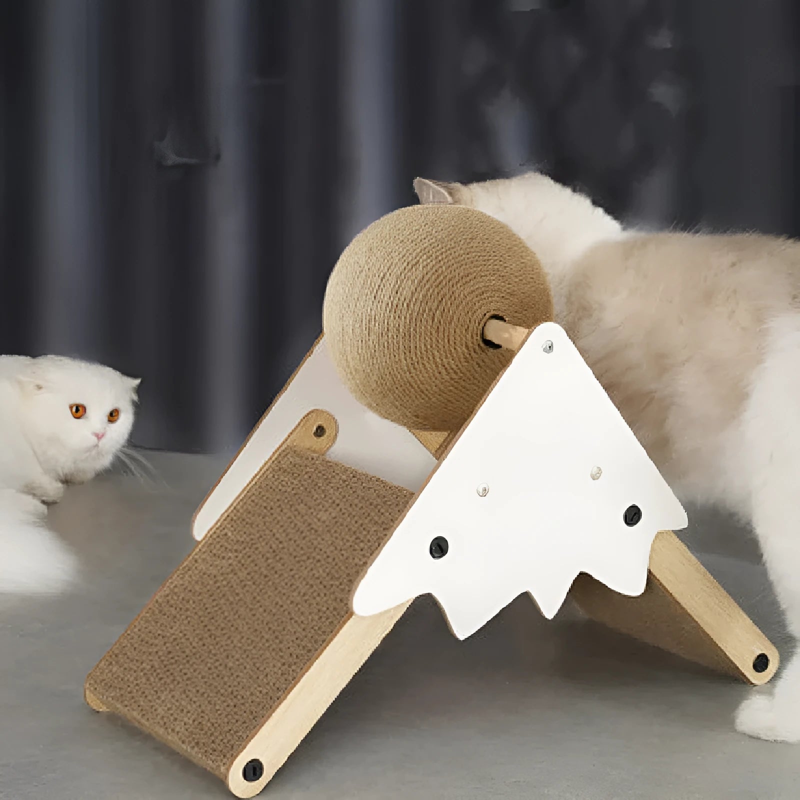 Sisal and corrugated paper cat grasping ball scratch board in snow mountain colour, 45x20x35cm size