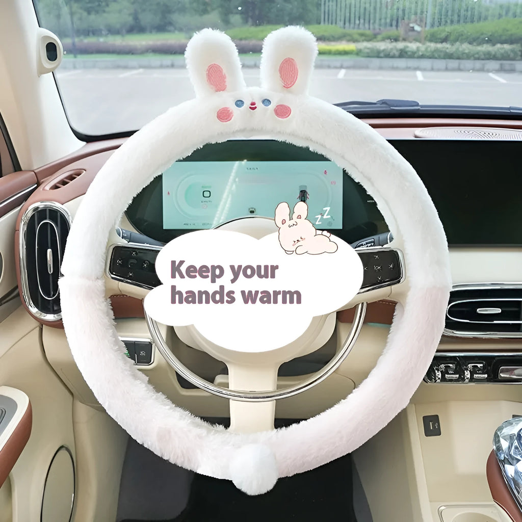 Plush steering wheel cover with cartoon animal embroidery for winter thermal insulation