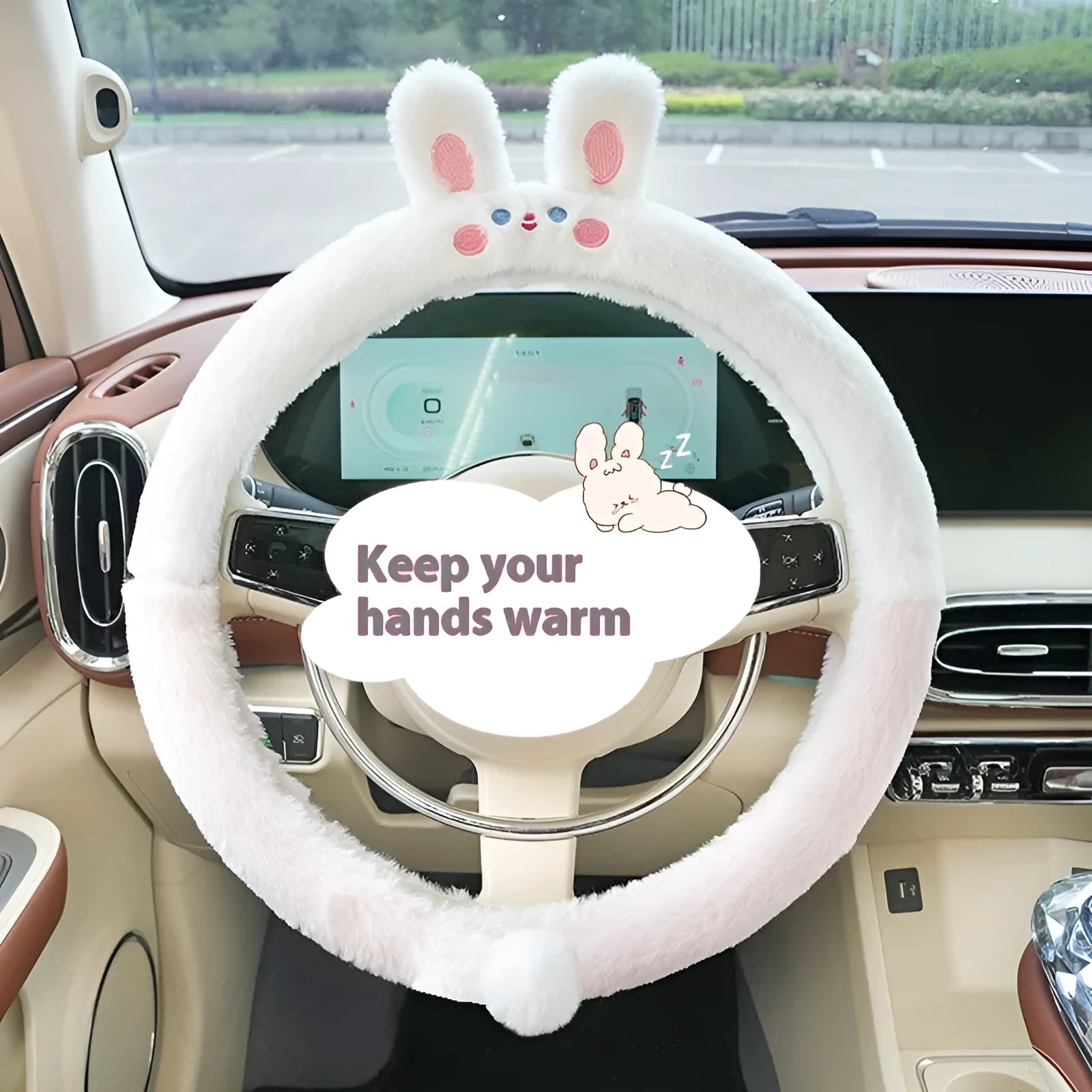 Plush steering wheel cover with cartoon animal embroidery for winter thermal insulation