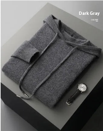 Men's light grey cashmere hooded sweatshirt and matching trousers casual set displayed together