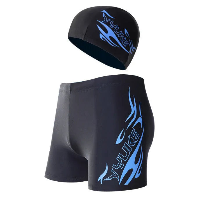 Men's plus size polyester swimming trunks with blue flame pattern on black background, boxer style with briefs cut