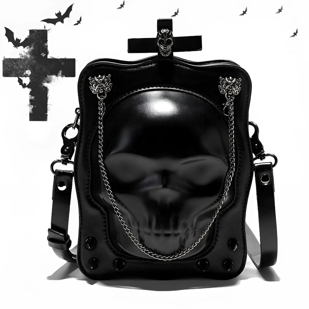 Black Gothic skull crossbody bag with square shape, chain detail, and zipper opening