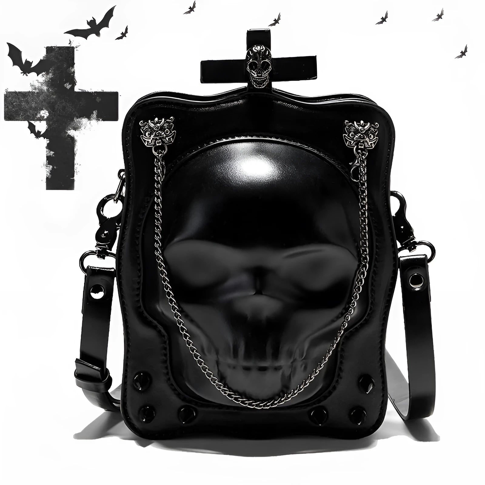 Black Gothic skull crossbody bag with square shape, chain detail, and zipper opening