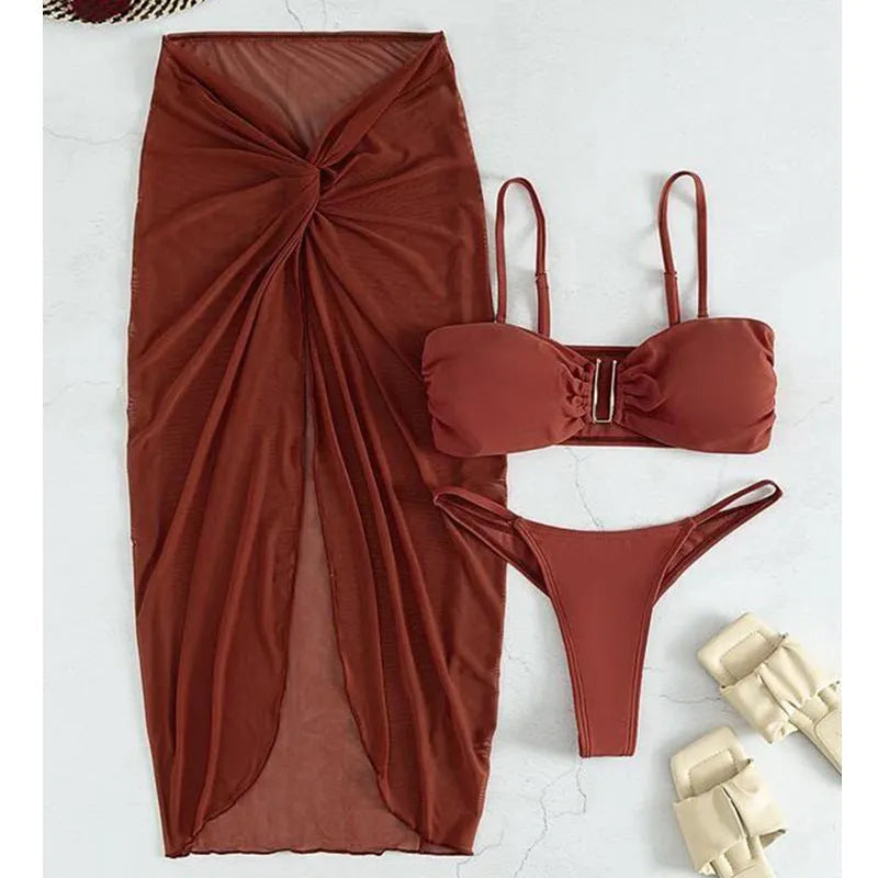Women's three-piece bikini set with long culottes shorts in multiple colour options