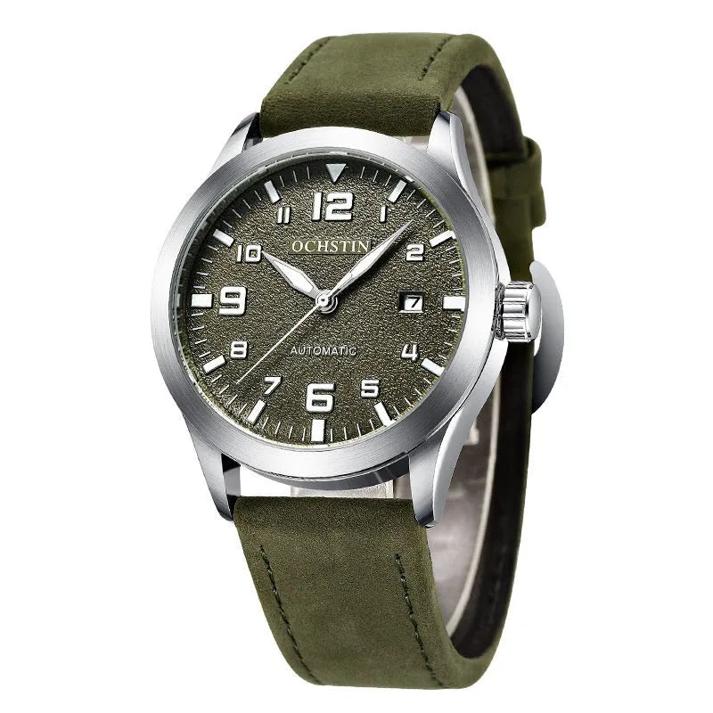 Men's automatic mechanical watch with leather strap showing black shell beige dial and silver army green options