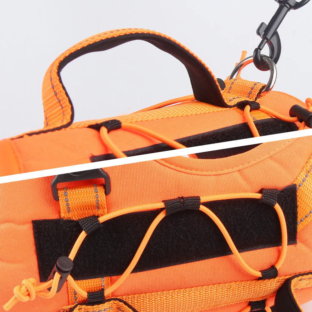 Orange adjustable dog harness with reflective trim and a black hand-holding rope lead attached